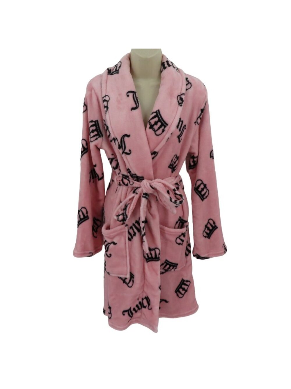 Juicy Couture L/XL Extra Large Pink Black Logo Crown Plush Bathrobe Robe NEW
